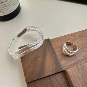 Wholesale 925 Sterling Silver Wave Double Layers Bracelet & Ring