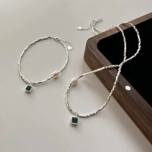 Wholesale 925 Sterling Silver Green Diamond Freshwater Pearl Crushed Silver Light Luxury Necklace & Bracelet