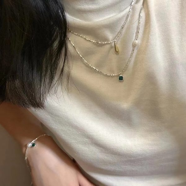 Wholesale 925 Sterling Silver Green Diamond Freshwater Pearl Crushed Silver Light Luxury Necklace ＆ Bracelet - Image 5