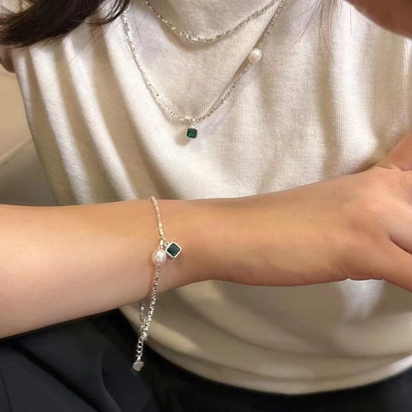 Wholesale 925 Sterling Silver Green Diamond Freshwater Pearl Crushed Silver Light Luxury Necklace ＆ Bracelet - Image 6