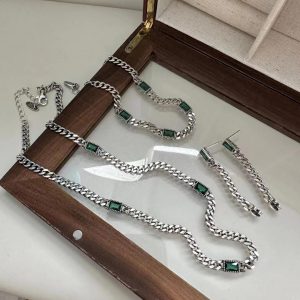 Wholesale 925 Sterling Silver Green Zirconia Set Necklace & Bracelet & Earrings