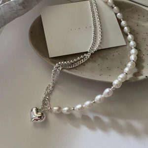 Wholesale 925 Sterling Silver Heart-shaped Pearl Splicing Necklace