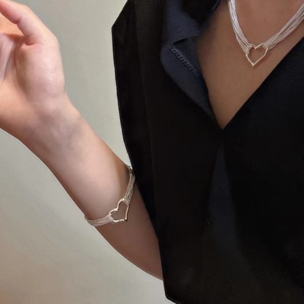 Wholesale 925 Sterling Silver Multi-layer Hollow Heart Set Necklace ＆ Bracelet - Image 7
