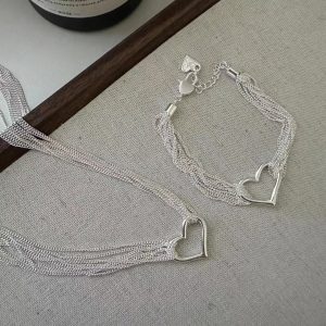 Wholesale 925 Sterling Silver Multi-layer Hollow Heart Set Necklace ＆ Bracelet