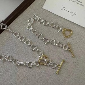 Wholesale 925 Sterling Silver Color Blocking Bamboo Heart Set Necklace ＆ Bracelet