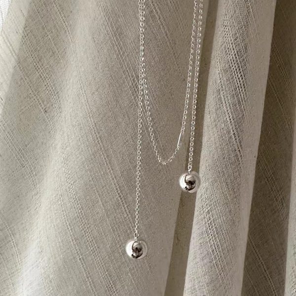 Wholesale 925 Sterling Silver Double Balls Sweater Necklace