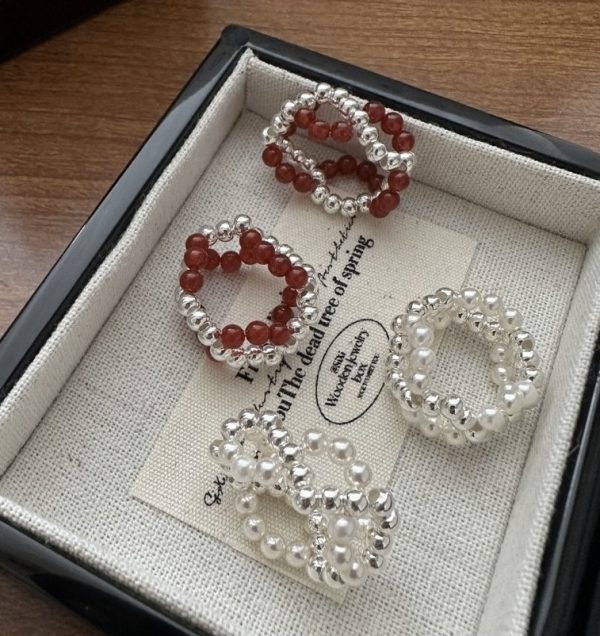 Wholesale 925 Sterling Silver Red Beaded Interlace Ring