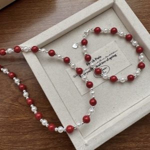 Wholesale 925 Sterling Silver Red Shell Pearl Bead Necklace & Bracelet