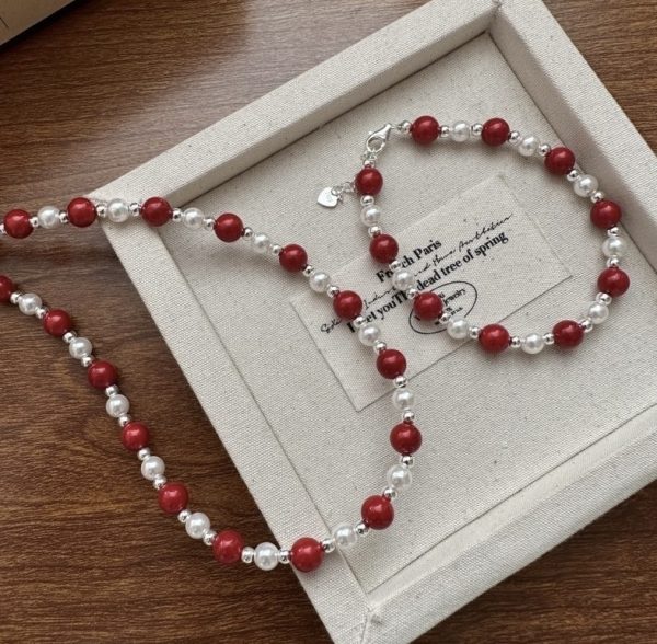 Wholesale 925 Sterling Silver Red Shell Pearl Bead Necklace & Bracelet