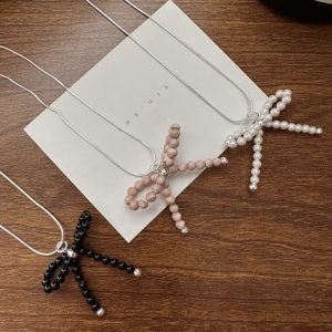 Wholesale 925 Sterling Silver Agate & Pearl & Natural Stone Bow Necklace