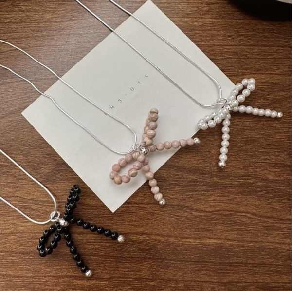Wholesale 925 Sterling Silver Agate & Pearl & Natural Stone Bow Necklace