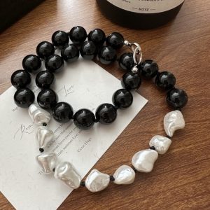 Wholesale 925 Sterling Silver Black Agate Irregular Shell Pearl Necklace