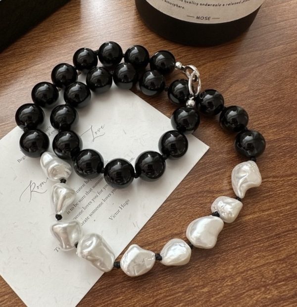 Wholesale 925 Sterling Silver Black Agate Irregular Shell Pearl Necklace