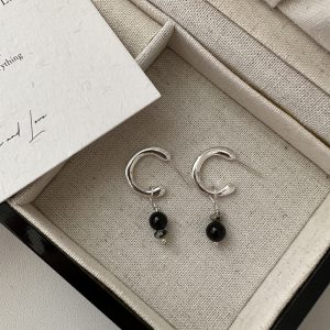 Wholesale 925 Sterling Silver Black Agate Natural Stones Earrings