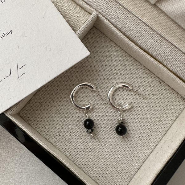 Wholesale 925 Sterling Silver Black Agate Natural Stones Earrings