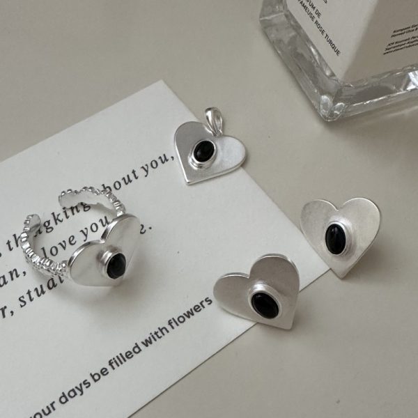 Wholesale 925 Sterling Silver Black Agate Frosted Love Earrings & Ring & Pendant