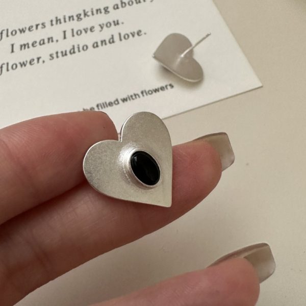 Wholesale 925 Sterling Silver Black Agate Frosted Love Earrings & Ring & Pendant - Image 3