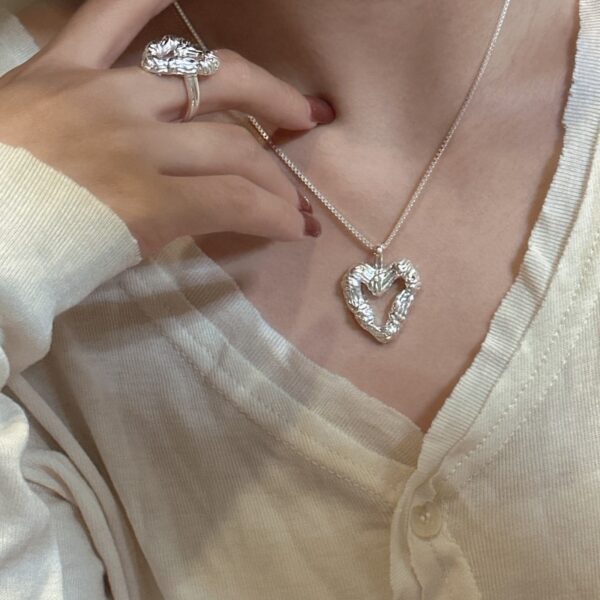 Wholesale 925 Sterling Silver Textured Heart Necklace & Stud Earrings & Ring - Image 9