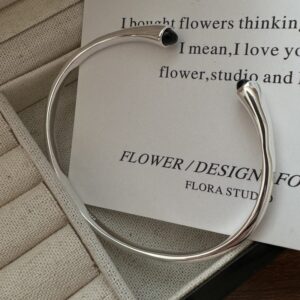 Wholesale 925 Sterling Silver Black Agate Simple Bangle
