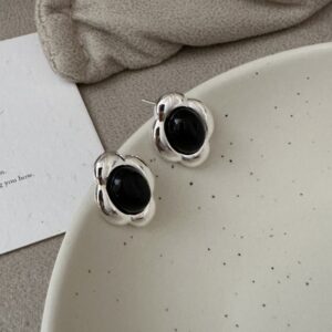 Wholesale 925 Sterling Silver Black Agate Flower Stud Earrings