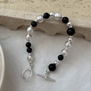 Wholesale 925 Sterling Silver Black Agate Round Bead Bracelet