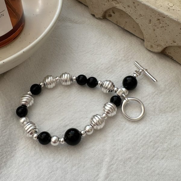 Wholesale 925 Sterling Silver Black Agate Round Bead Bracelet - Image 2