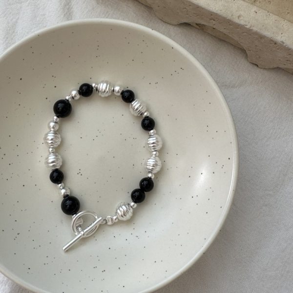Wholesale 925 Sterling Silver Black Agate Round Bead Bracelet - Image 3
