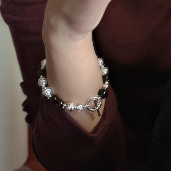 Wholesale 925 Sterling Silver Black Agate Round Bead Bracelet - Image 4