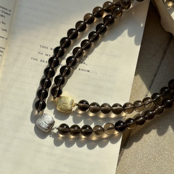 Wholesale 925 Sterling Silver Natural Smoky Quartz Brushed Button Necklace