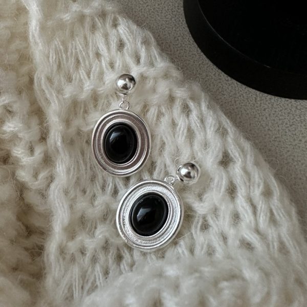 Wholesale 925 Sterling Silver Oval Black Agate Stud Earrings