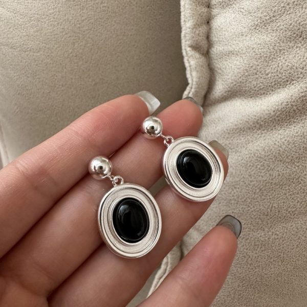 Wholesale 925 Sterling Silver Oval Black Agate Stud Earrings - Image 3