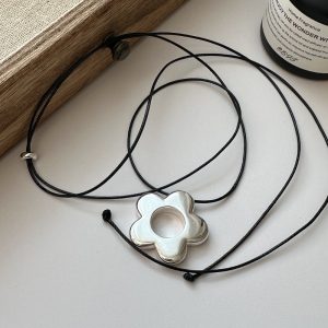 Wholesale 925 Sterling Silver Floral Black String Necklace