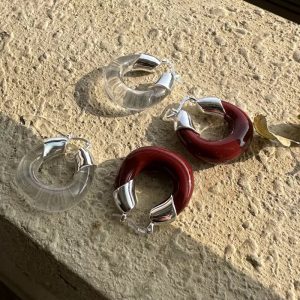 Wholesale 925 Sterling Silver Red and White Resin U-shaped Earrings