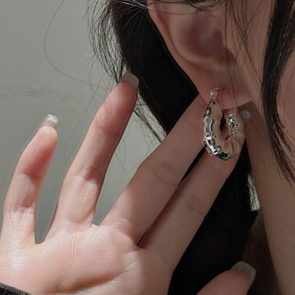 Wholesale 925 Sterling Silver Fashionable Hollow Bamboo Hoop Earrings - Image 4