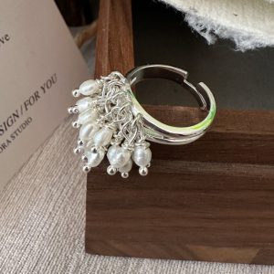 Wholesale 925 Sterling Silver Hanging Pearl Adjustable Ring