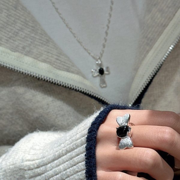 Wholesale 925 Sterling Silver Black Agate Zircon Bow Ring & Cross Necklace - Image 7