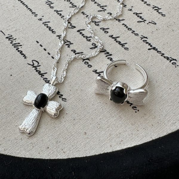 Wholesale 925 Sterling Silver Black Agate Zircon Bow Ring & Cross Necklace