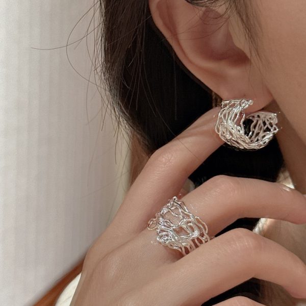 Wholesale 925 Sterling Silver Wide Hollowed-out Earrings & Ring - Image 5