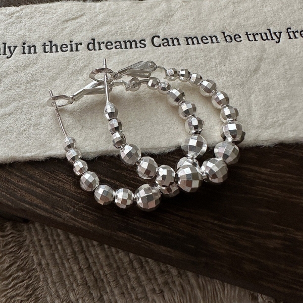Wholesale 925 Sterling Silver Laser Bead Hoop Earrings