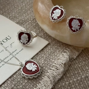 Wholesale 925 Sterling Silver Red Cameo flower necklace