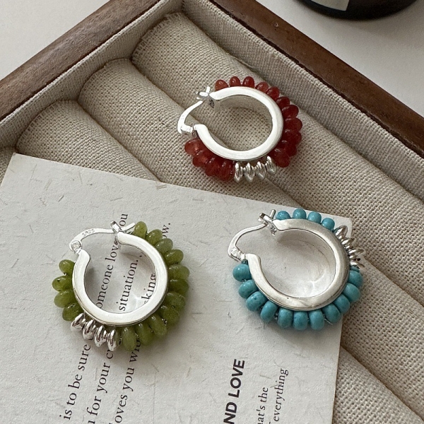 Wholesale 925 Sterling Silver Natural Colored Stone Hoop Earrings