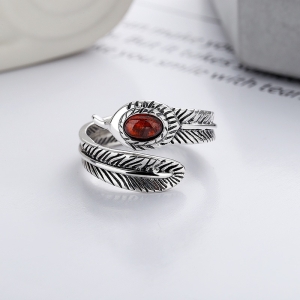 Wholesale 925 Sterling Silver Oxidized Feather Cat's Eye Stone Ring