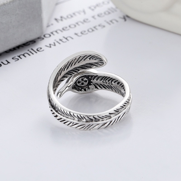Wholesale 925 Sterling Silver Oxidized Feather Cat's Eye Stone Ring - Image 3