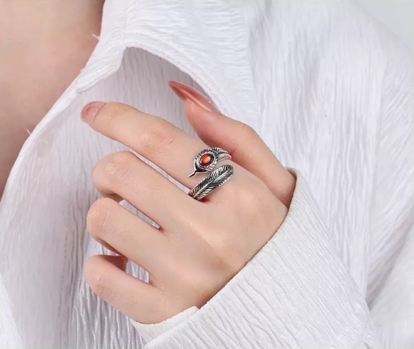 Wholesale 925 Sterling Silver Oxidized Feather Cat's Eye Stone Ring - Image 6