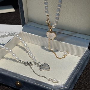 Wholesale 925 Sterling Silver Freshwater Pearl Heart Necklace In Gold & In White Gold