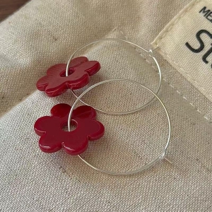 Wholesale 925 Sterling Silver Red Flower Hoop Earrings