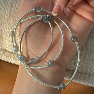 Wholesale 925 Sterling Silver Elastic Moonstone Three-layer Bracelet