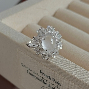 Wholesale 925 Sterling Silver Albite Jade Flower Ring