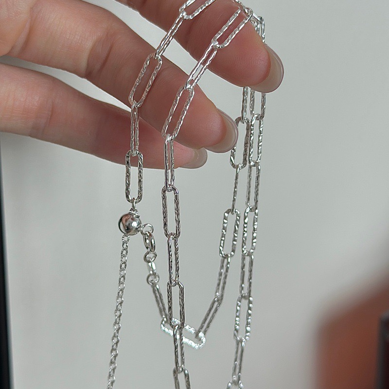 Wholesale 925 Sterling Silver Hammered Paperclip Chain Minimalist Rectangular Adjustable Necklace - Image 2