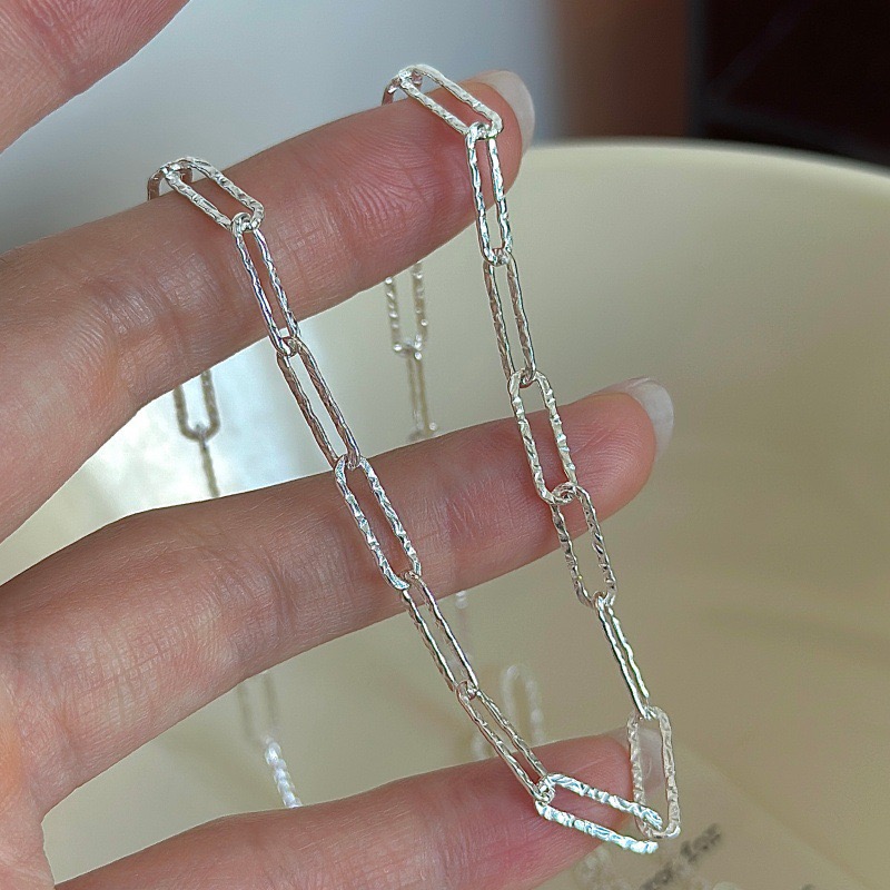 Wholesale 925 Sterling Silver Hammered Paperclip Chain Minimalist Rectangular Adjustable Necklace - Image 3